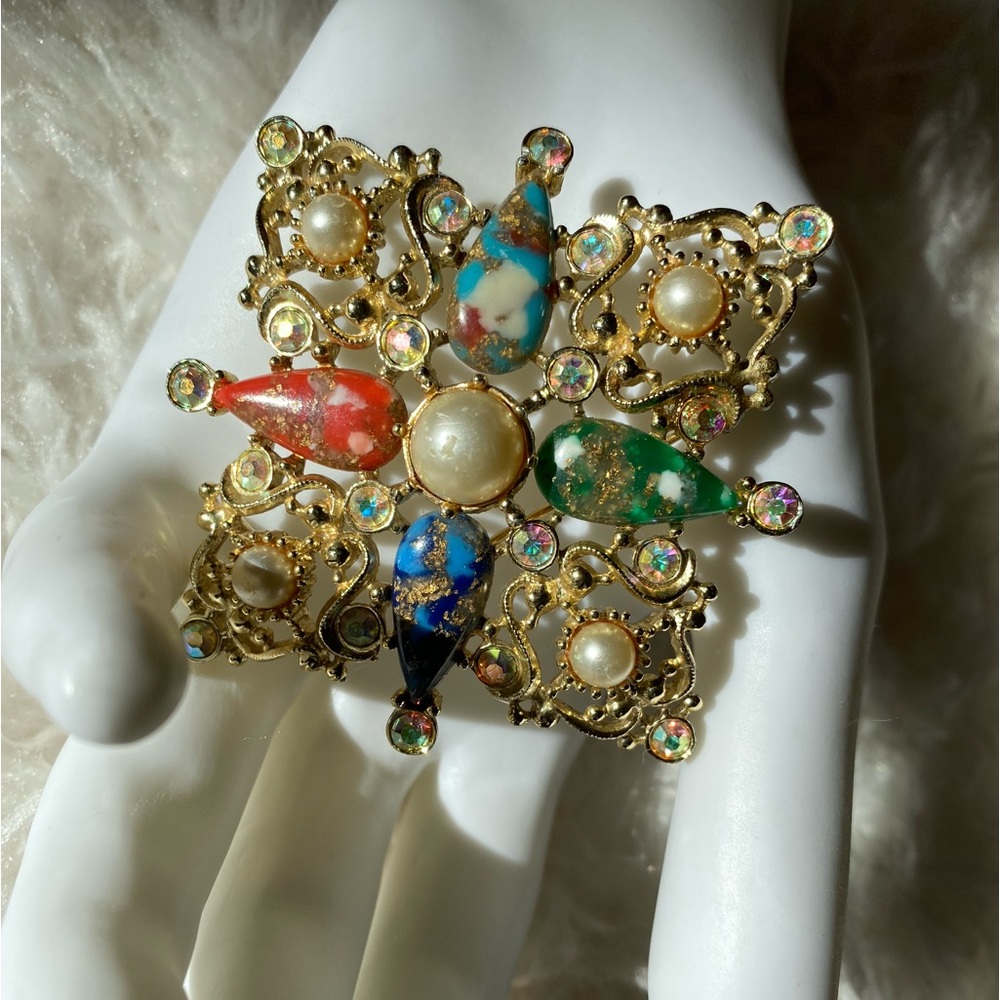 Sarah Coventry Galaxy Maltese Cross Brooch Signed Vintage 1960s Pin 5.5×5.5
